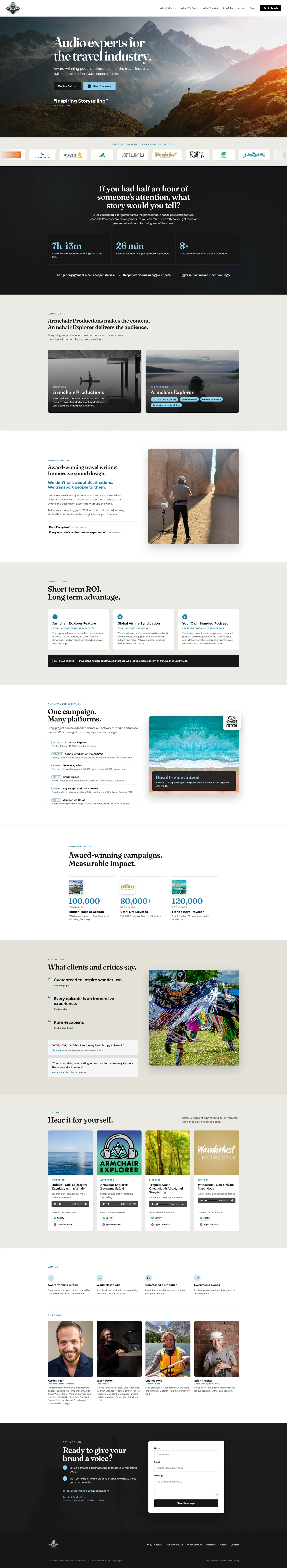 Marketing site for a travel-industry podcast production studio