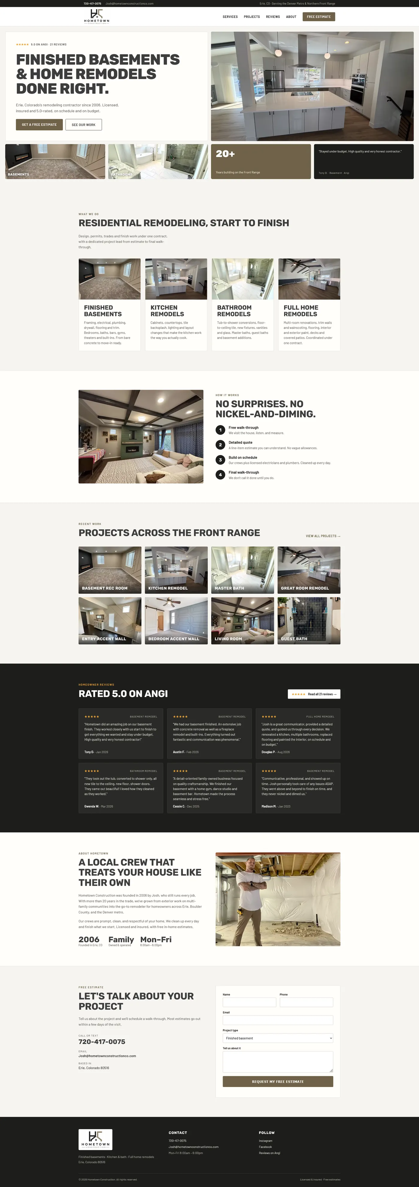 Website for a basement finishing and home remodeling contractor in Erie, Colorado