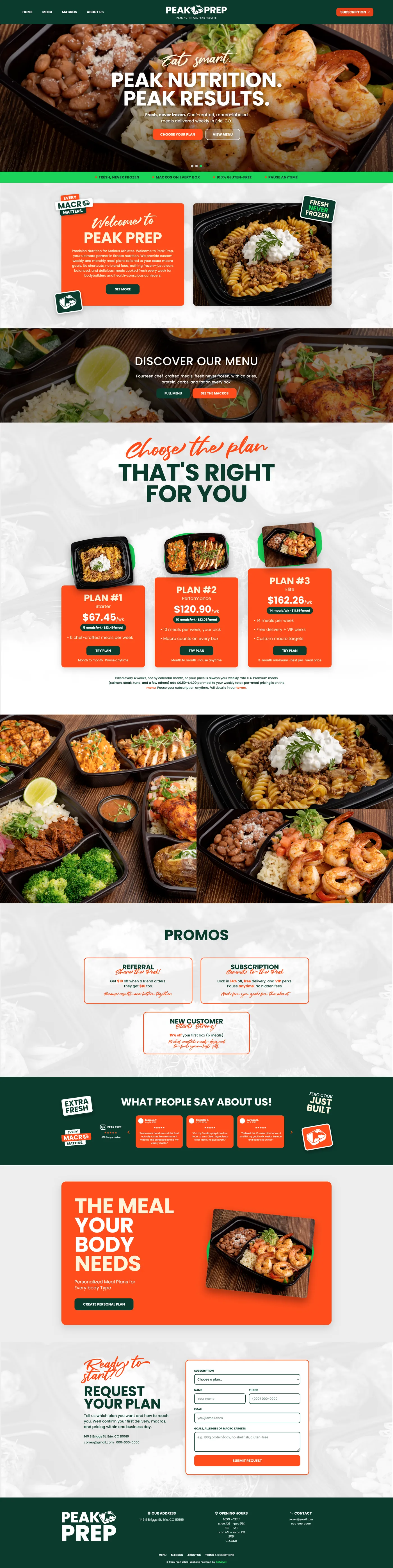 Website for a chef-crafted meal prep subscription service in Erie, Colorado