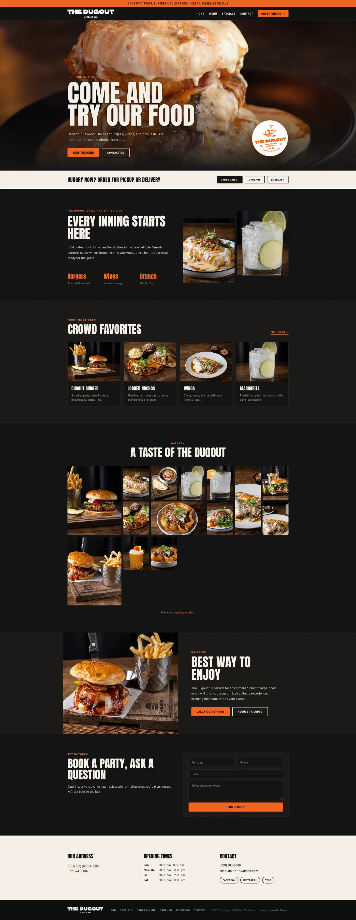 Website for a burger, wings, and sports bar restaurant in Erie, Colorado