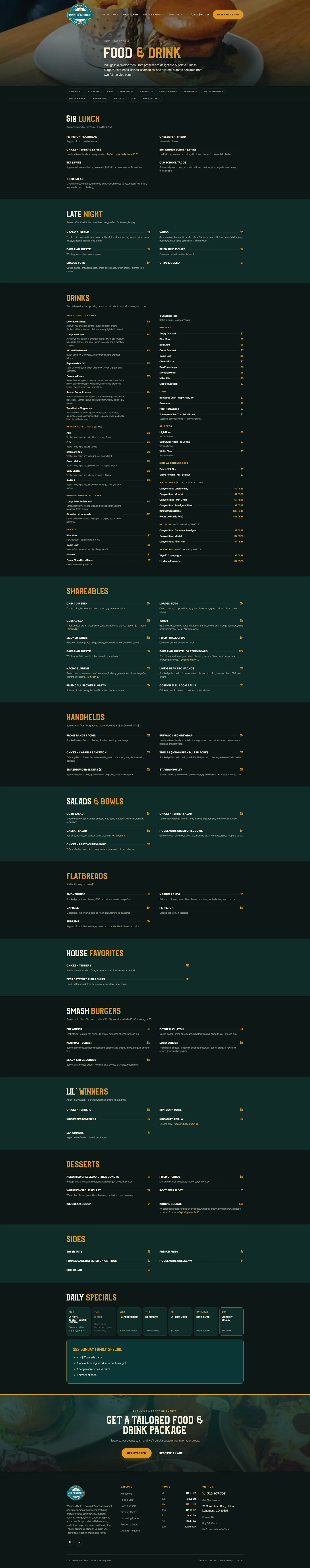 Food and drink page for a Longmont, Colorado entertainment venue with scratch kitchen and two bars
